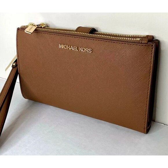 S Michael Kors Double Zip Wristlet Brown Leather 35F8GTVW0L Luggage NWT $258 MSR - Picture 1 of 10